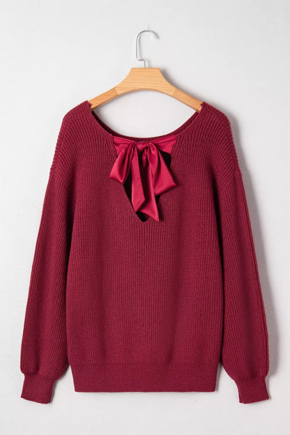 Ribbed Knit Ribbon Knot Backless Drop Shoulder Sweater