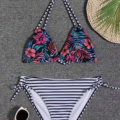 Sunset Bloom 2-Piece Triangle Bikini Set for Women – Vibrant Random Floral Print Halter Neck Swimsuit with Tie-Back Tie-Side Bottoms &amp; High Cut Legs – Women&