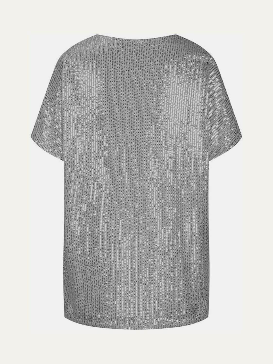Full Size Sequin V-Neck Short Sleeve Top for Women