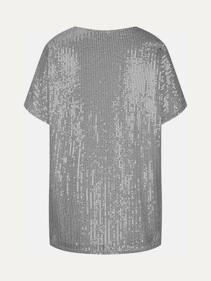 Full Size Sequin V-Neck Short Sleeve Top for Women