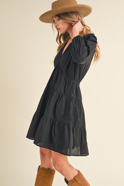 New Summer Notched Balloon Sleeve Tiered Mini Dress For Women – Trendy, Chic, and Playful with Stylish Detailing