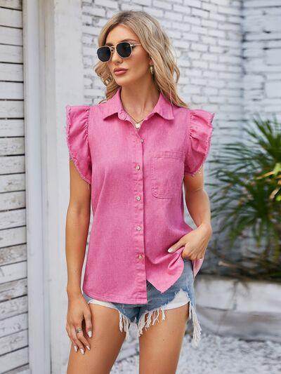 Ruffled Pocketed Collared Neck Cap Sleeve Denim Top for Women
