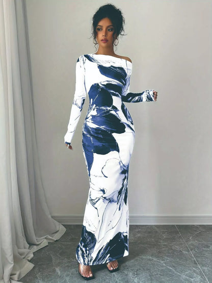 Floral One Shoulder Long Sleeve Maxi Dress