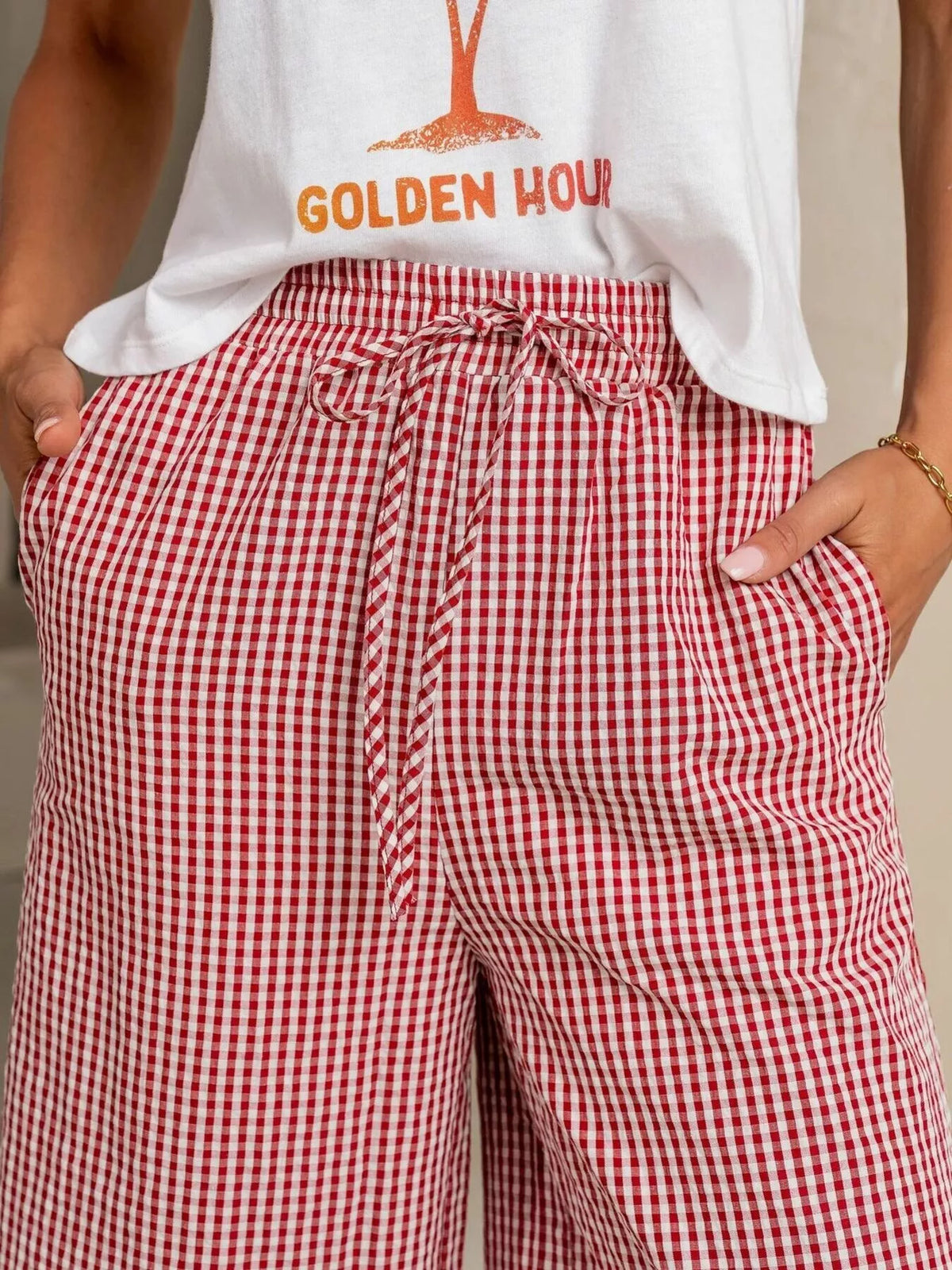 Gingham Print Wide Leg Casual Pants