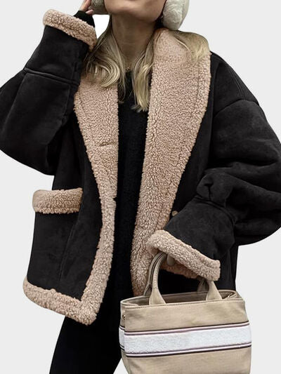 Fuzzy Collared Neck Long Sleeve Jacket with Buttoned Closure and Cozy Pockets