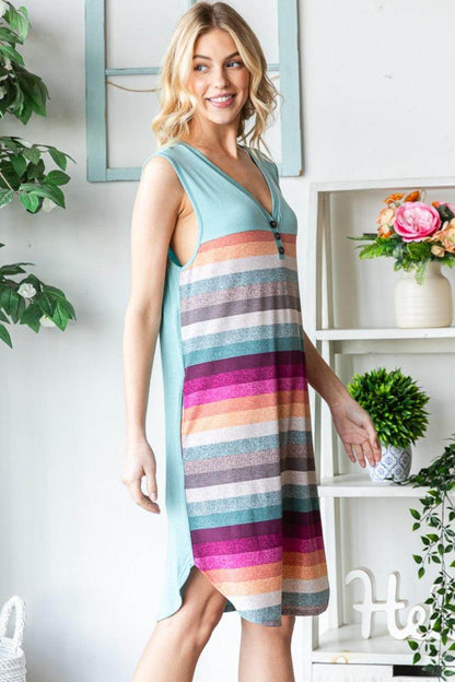 Heimish Full Size Striped Sleeveless V Neck Dress Outfit