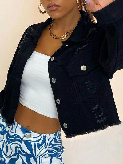 Distressed Collared Neck Long Sleeve Denim Top for Women