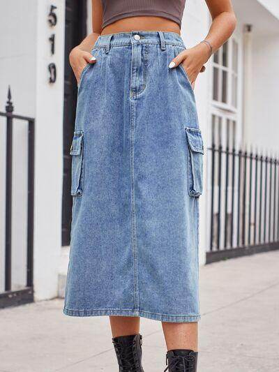 Slit Buttoned Denim Skirt with Pockets for Women