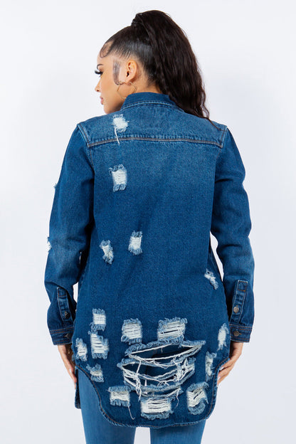 American Dark Blue Bazi Distressed Button Up Long Sleeve Jacket Trendy Buttoned Jacket with Distressed Finish for Women