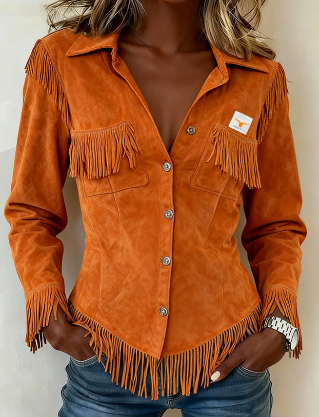 Autumn New Brown European And American Style Suede Tassel Long Sleeve Cardigan Women&