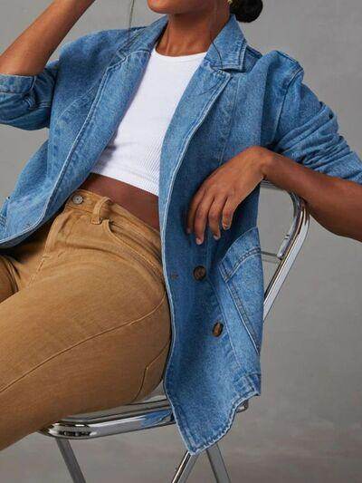 Pocketed Lapel Collar Long Sleeve Denim Jacket for Women