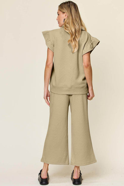 Double Take Texture Ruffle Short Sleeve Top and Pants Set