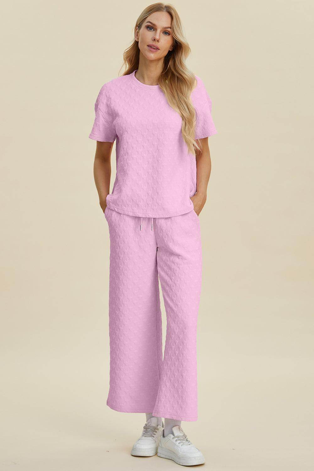 Double Take Full Size Texture Round Neck Top and Pants Set
