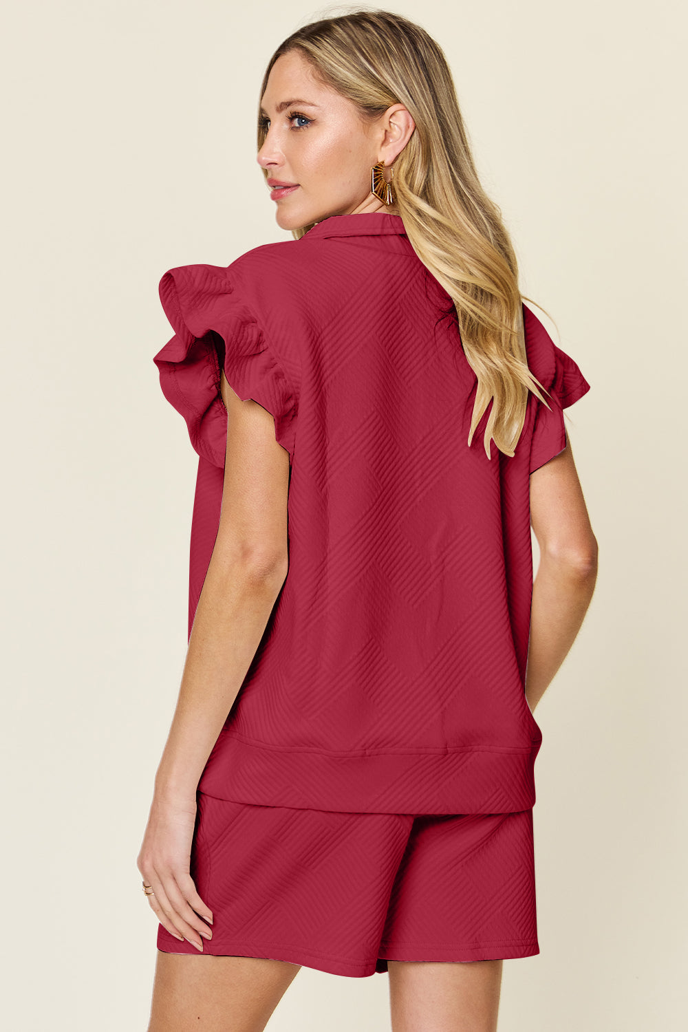 Textured Flounce Sleeve &amp; Drawstring Shorts Set