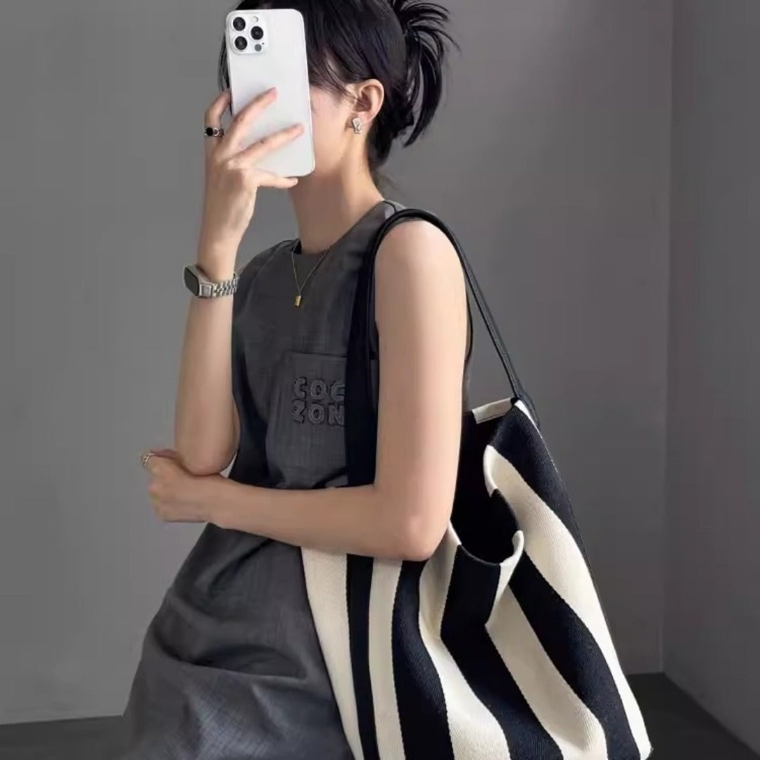 Striped Canvas Bag Large Capacity – Stylish Tote Bag, Versatile Shoulder &amp; Bucket Bag