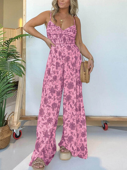 Full Size Printed Spaghetti Strap Wide Leg Jumpsuit for Women