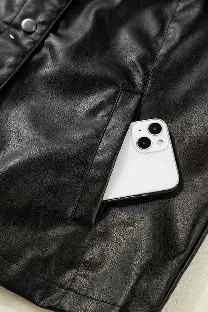 Black Faux Leather Boxy Jacket | PU Button Front Coat - Femstylo