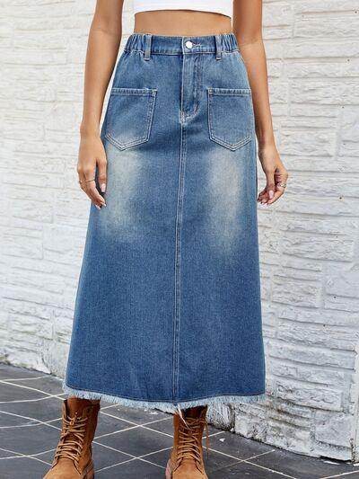 Raw Hem Buttoned Denim Skirt with Pockets for Women