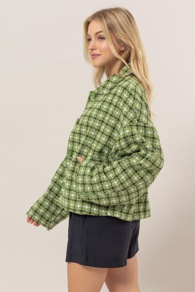 Cute Green Tweed Plaid Button Up Collared Neck Jacket Classic &amp; Elegant Layering Piece Everyday Jacket