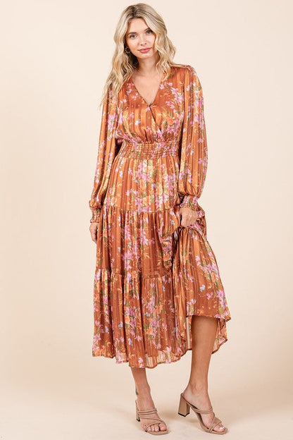 Flower Print Satin Lurex Stripe Smocked Midi Summer Dress – Elegant Midi Dress, Satin Lurex Dress, Floral Dress, Smocked Waist Dress, Romantic Midi Dress, Special Occasion Dress