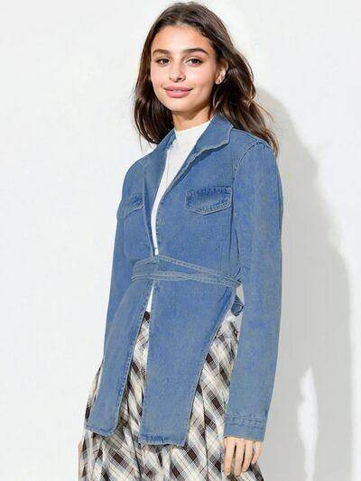Asymmetric Slit Collared Neck Long Denim Top for Women