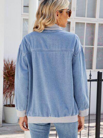 Pocketed Zip Up Baseball Collar Denim Jacket for Women