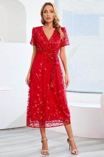 Sequin Leaf Embroidery Tie Front Short Sleeve Dress for Women