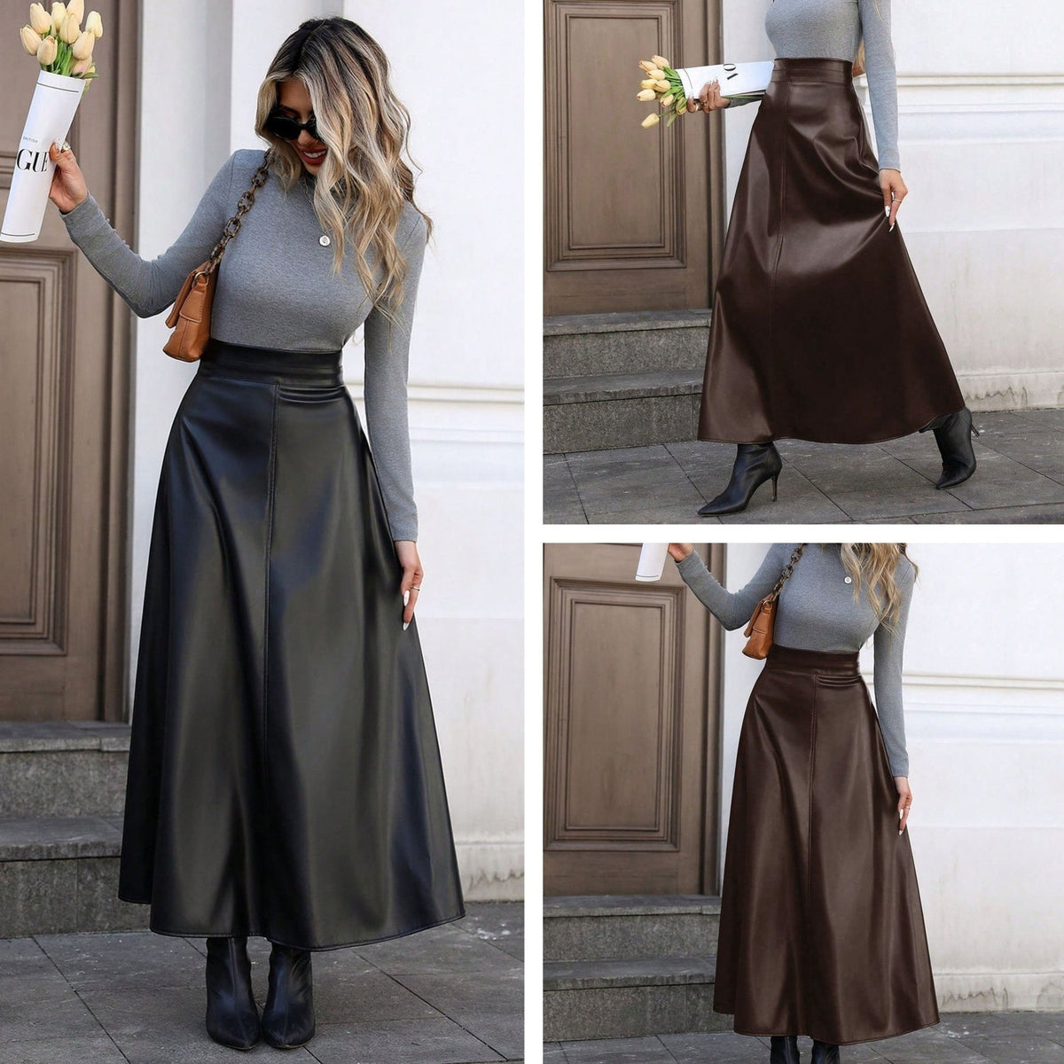 Slimming Hip-covering Mid-length A-line PU Leather Skirt With A Flared Hem