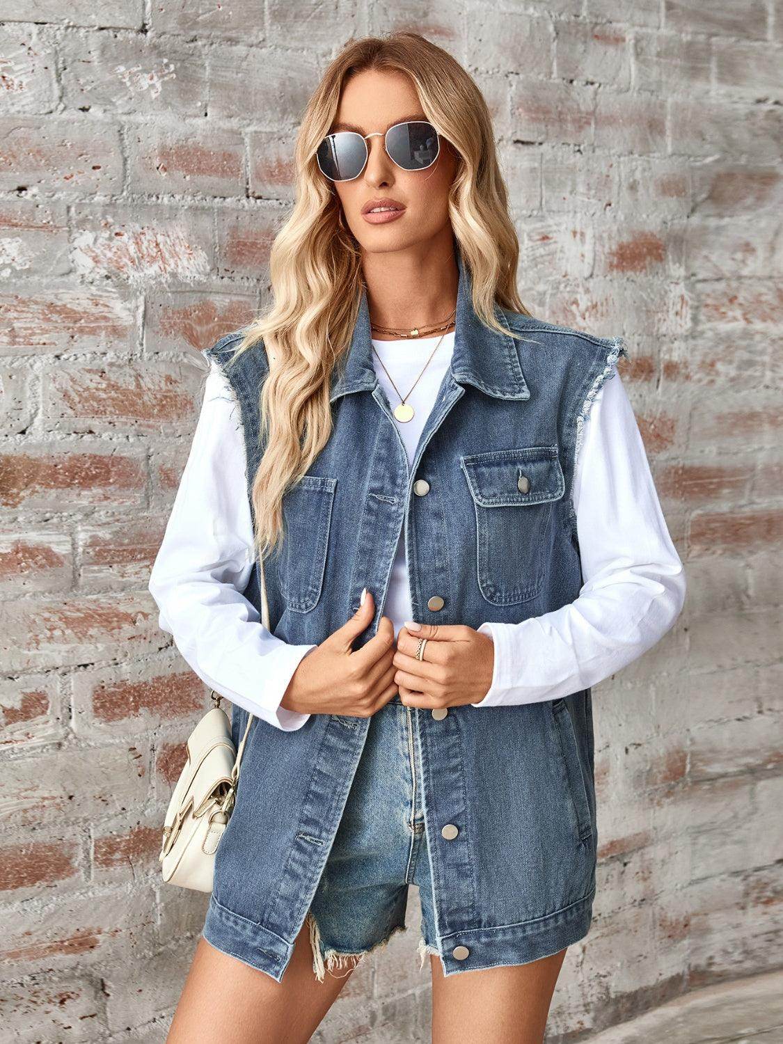 Raw Hem Sleeveless Button Up Denim Jacket for Women