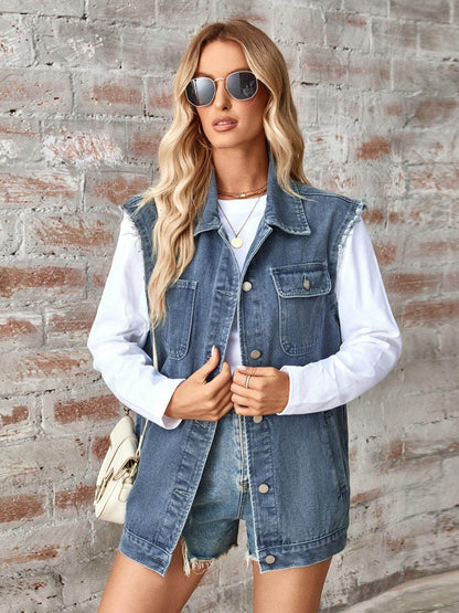 Raw Hem Sleeveless Button Up Denim Jacket for Women
