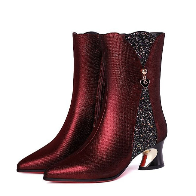 Leather Coarse Heel Pointed Short Boots Women&