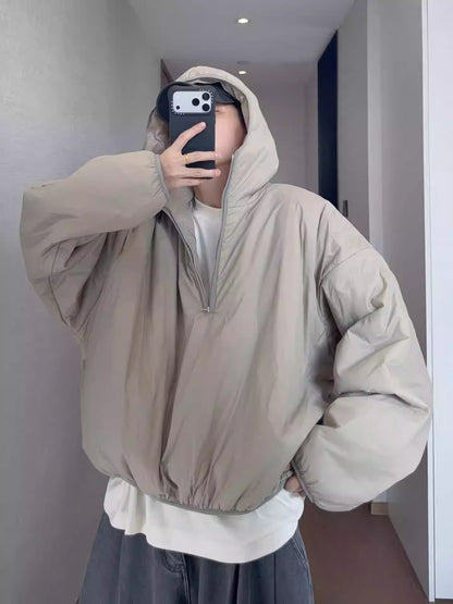 Retro Warm Half-Zip Loose Short Hooded Cotton Jacket