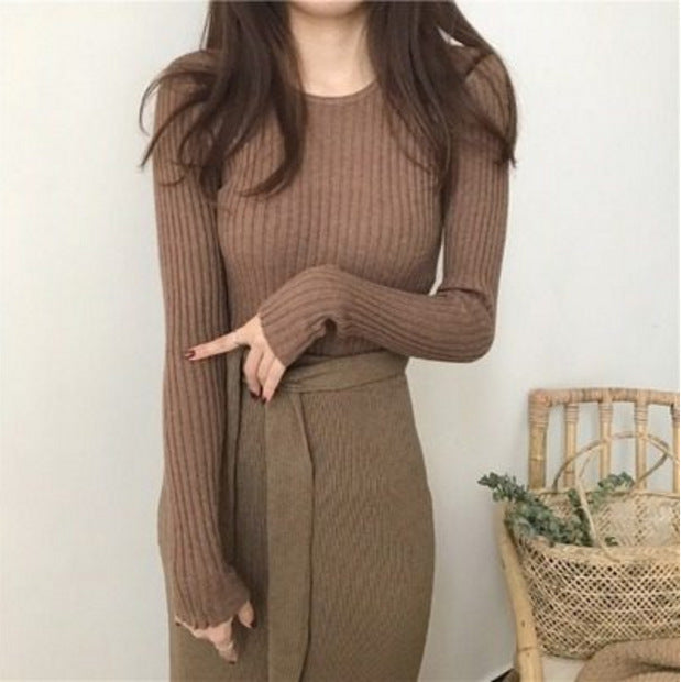Round Neck Cored Yarn Slim Fit Sweater