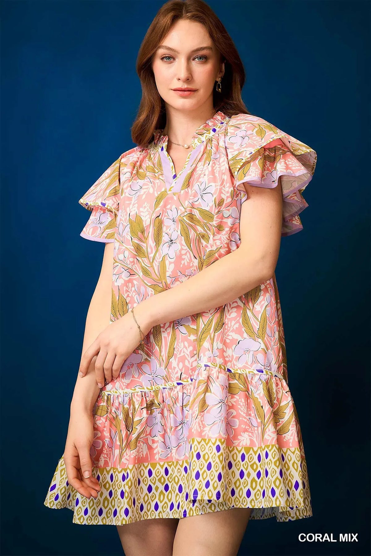 Umgee Floral Ruffle-Sleeve Tunic Dress