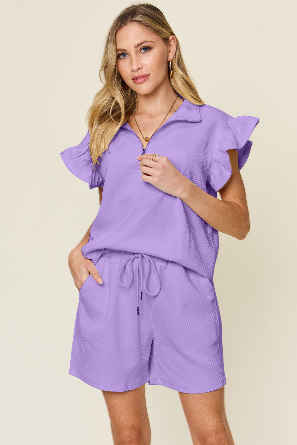 Textured Flounce Sleeve &amp; Drawstring Shorts Set