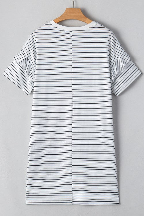 White Striped Round Neck Short Sleeve Mini Dress Casual &amp; Playful Everyday Look Dress