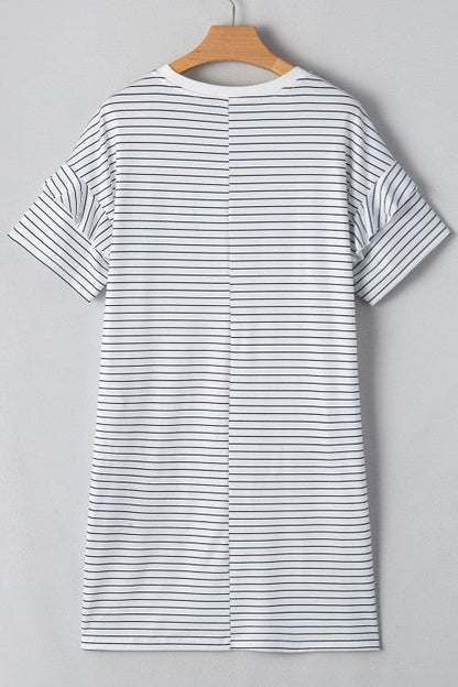 White Striped Round Neck Short Sleeve Mini Dress Casual &amp; Playful Everyday Look Dress