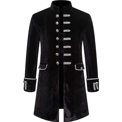 Mens Solid-Color Steampunk Velvet Uniform Stand-Up Collar Coat