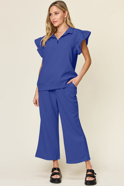 Textured Ruffle Top &amp; Drawstring Wide Leg Pants Set