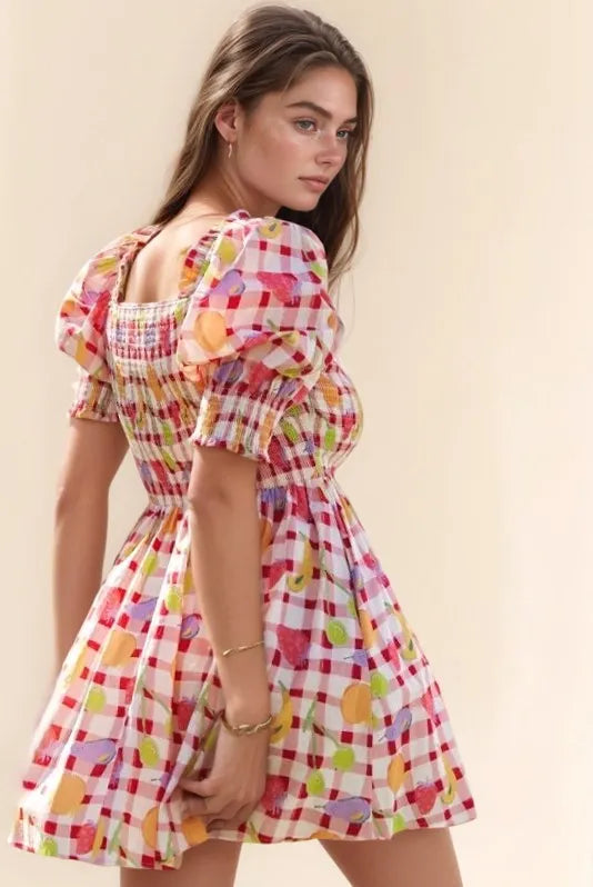 Davi &amp; Dani Fruits Printed Smocking Mini Dress