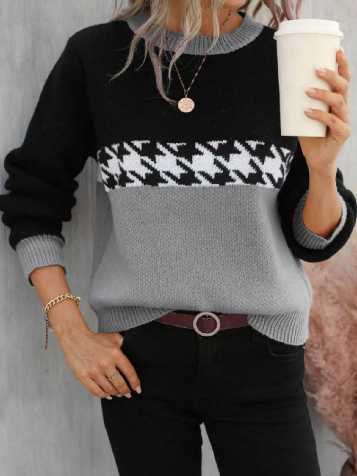 Houndstooth Pattern Color Block Sweater
