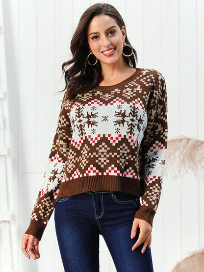Snowflake Pattern Round Neck Sweater for Cozy Winter Style