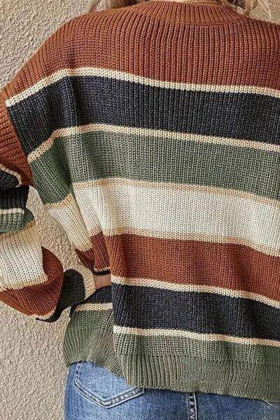 Contrast Striped Round Neck Long Sleeve Sweater for Women