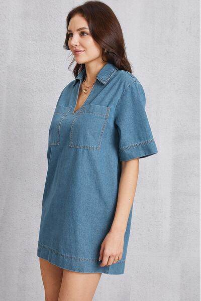 Stylish Pocketed Collared Neck Mini Denim Dress for Women