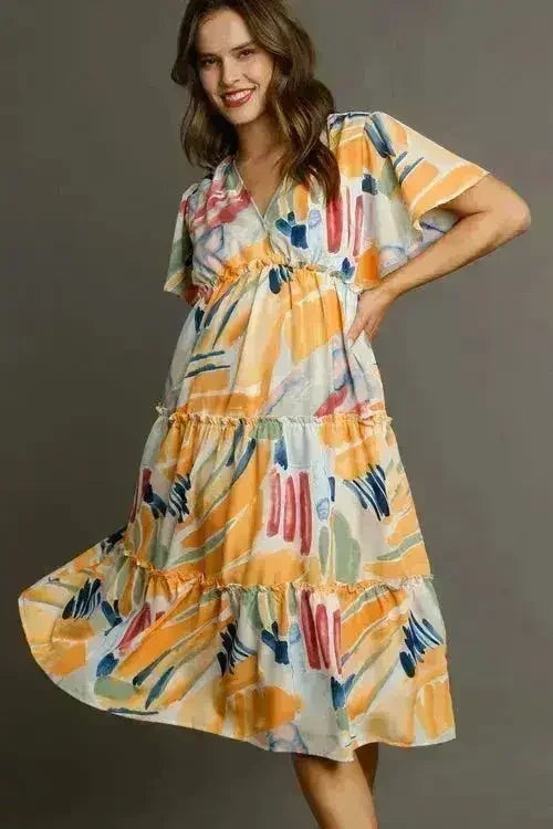 Umgee Abstract Print Midi Dress – Flutter Sleeves &amp; Tiered Frill Detail