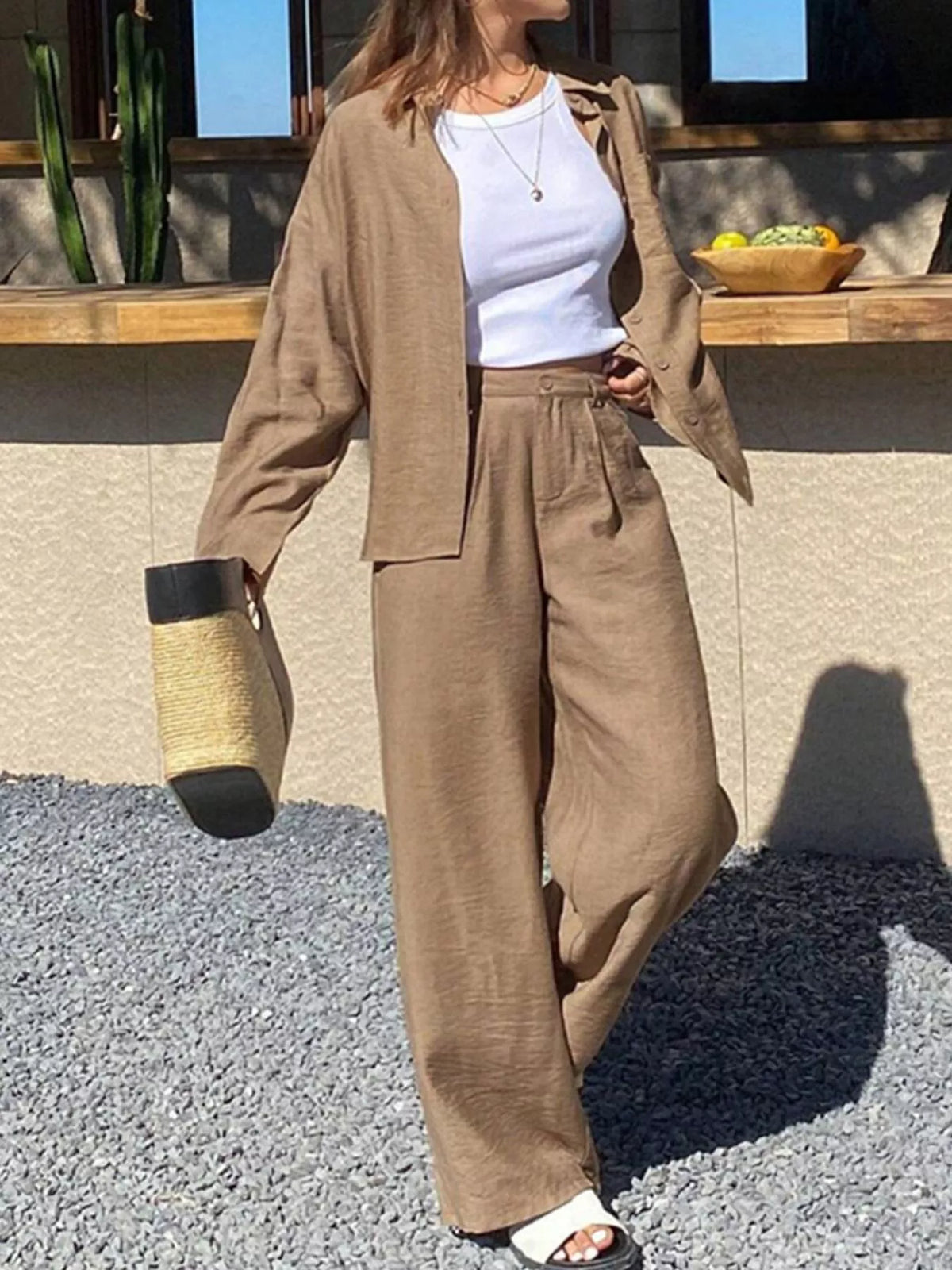 Full Size Relaxed Fit Button Up Shirt and Pants Two-Piece Set Plus Size