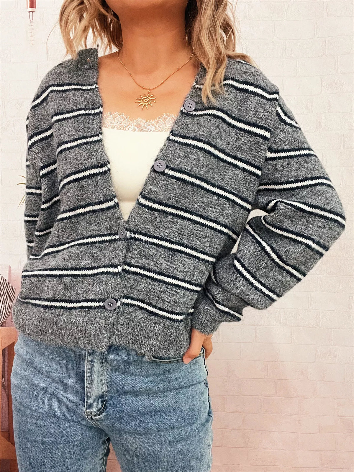 Striped Button-Up Long Sleeve Cardigan