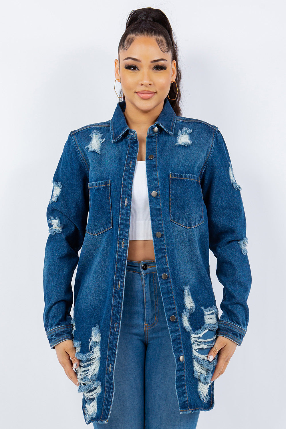 American Dark Blue Bazi Distressed Button Up Long Sleeve Jacket Trendy Buttoned Jacket with Distressed Finish for Women