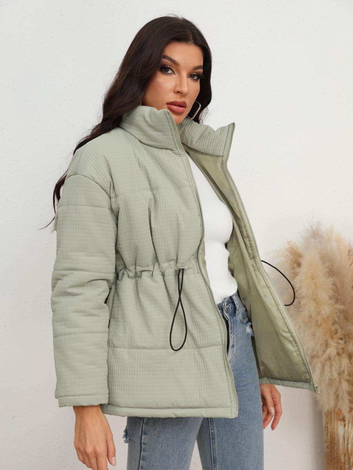 Drawstring Waist Zip-Up Puffer Jacket for Women Stylish Warmth