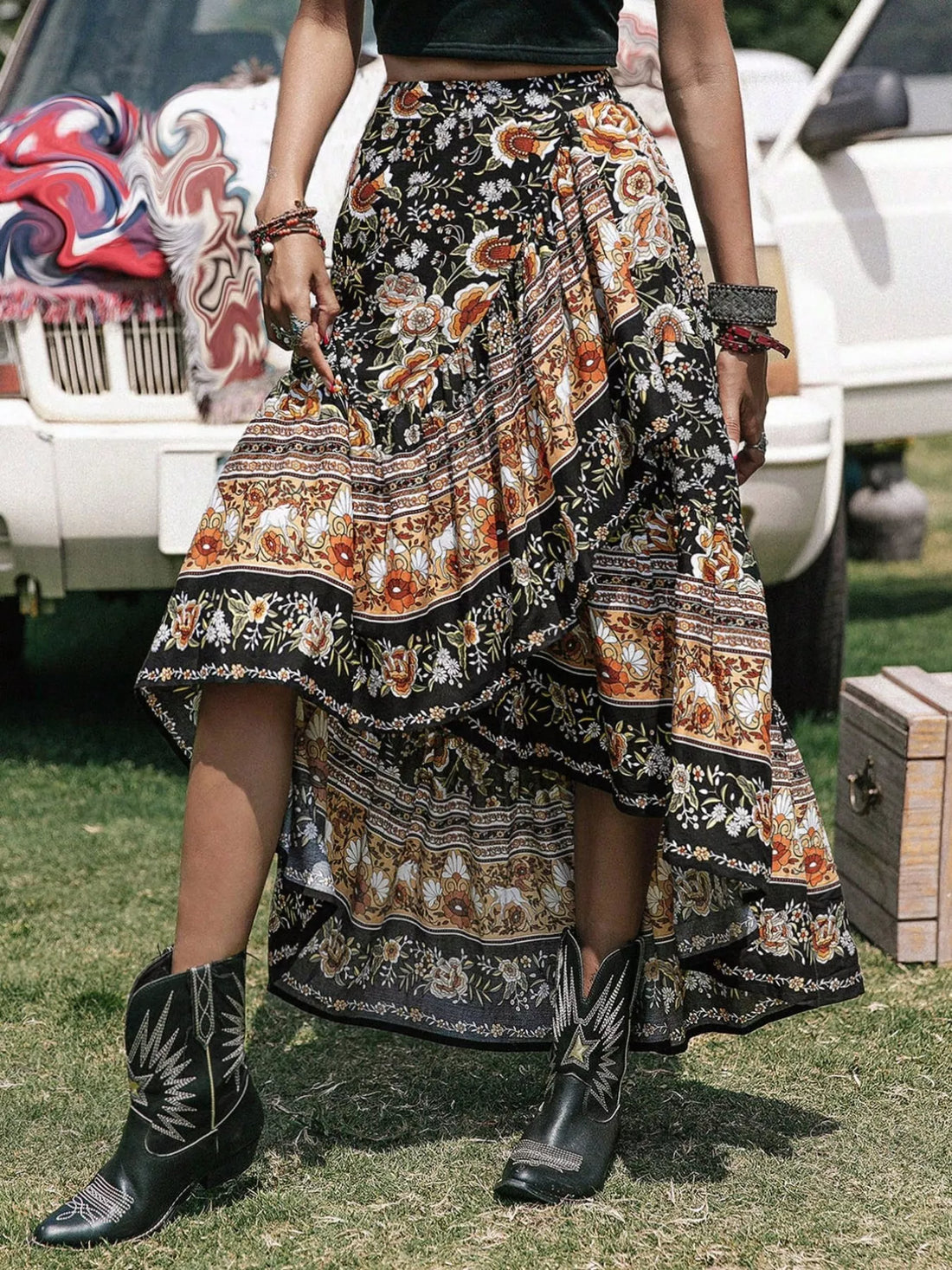 Boho Floral Print High-Low Skirt